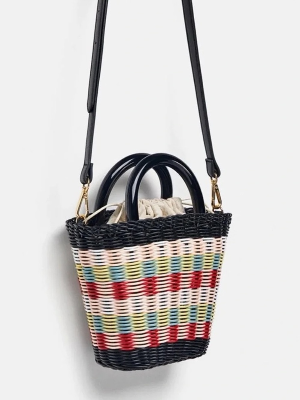 Zara Small Multicolor Striped Woven Wicker Resin Handle Drawstring - Picture 2 of 9